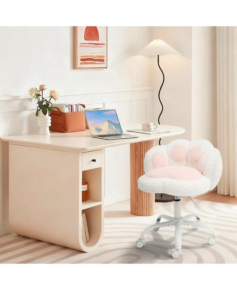 homfan Vanity Chair with Wheels, Cat Paw Back, 360degree(s) Swivel Height Adjustable Armless Chair, Teddy Fleece, Color-Blocking