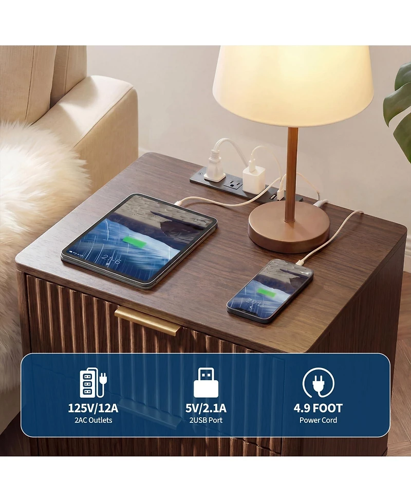 gaomon Fluted Nightstand Set of 2, Modern Bedside Tables with Charging Station and 2 Drawers, Wooden End Table for Bedroom Living Room