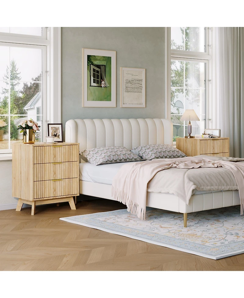 homfan Set of 2 Fluted 3-Drawer Nightstands, Bedroom Side Tables with Metal Handles Wood Finish