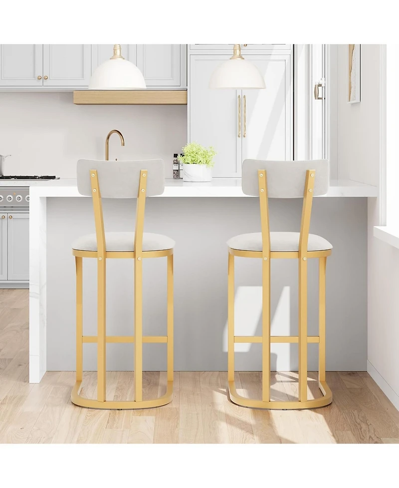 homfan Set of 8 Gold Bar Stools Counter Height Upholstered Curved Back Metal Frame Stools for Kitchen or Dining Room