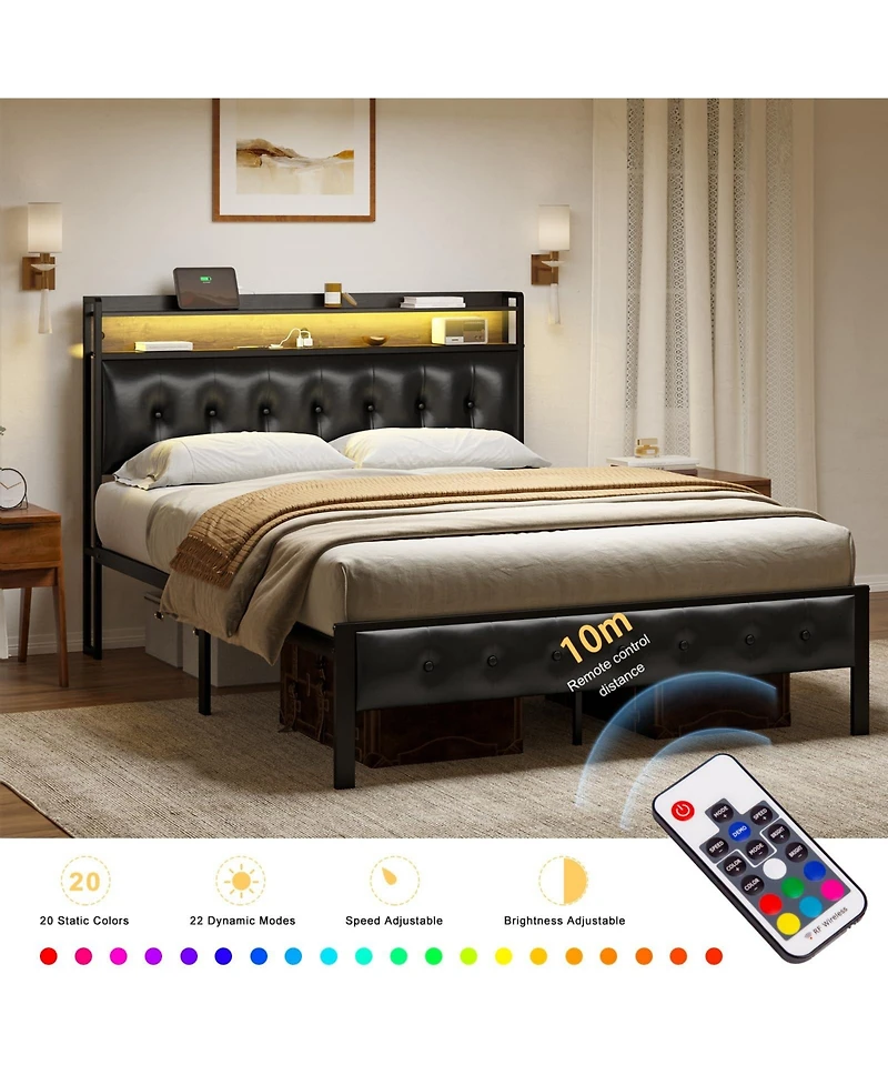 Hausource Full Size Bed Frame with Storage Headboard & Charging Station Platform Bed No Box Spring Needed