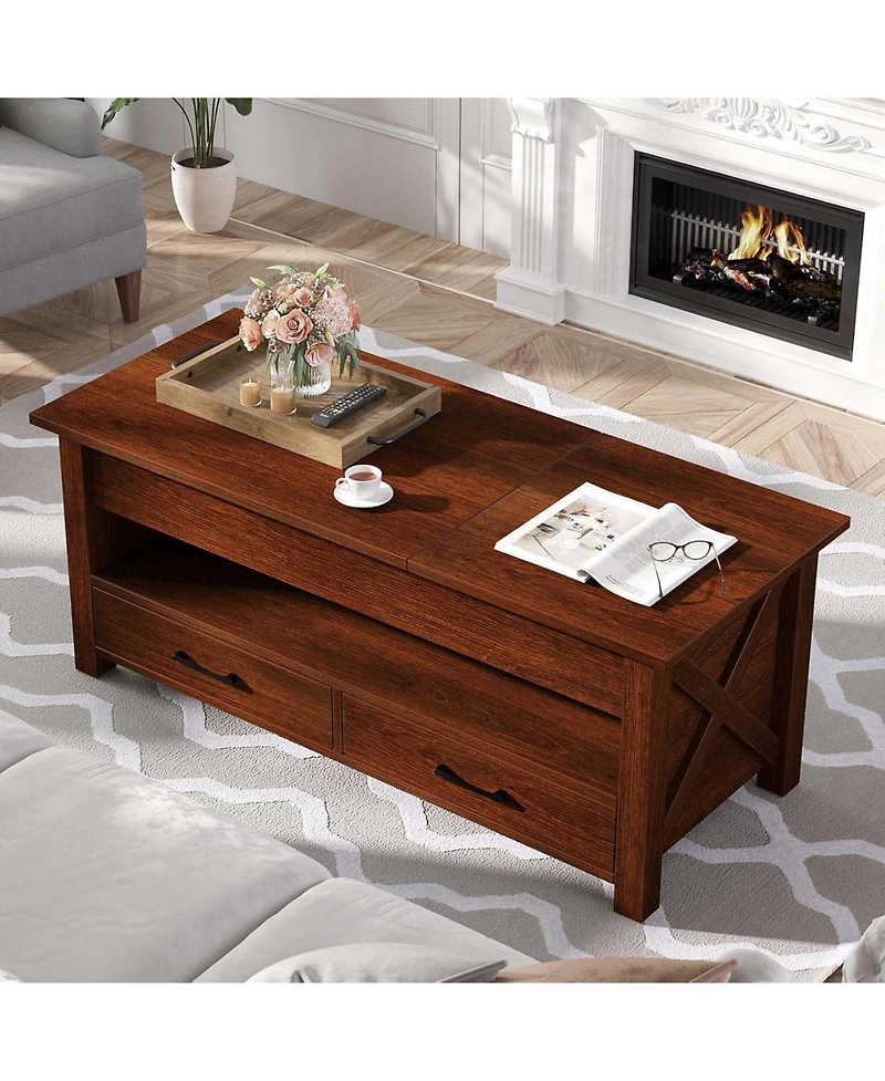 homfan Lift-Top Coffee Table with 2 Drawers, Hidden Compartment and Open Shelf, Convertible Living Room Center Table, Engineered Wood