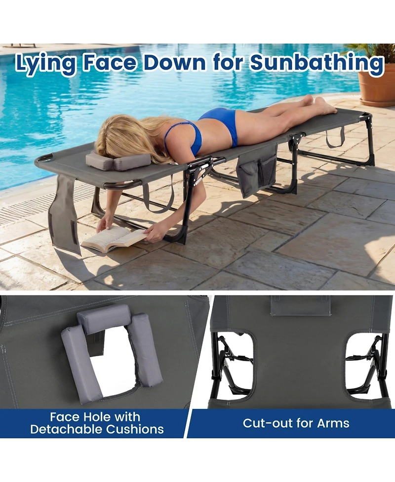 Sugift Folding Tanning Lounge Chair with Face and Arm Openings, Adjustable Backrest