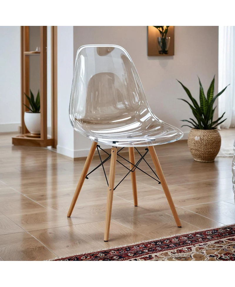 LeisureMod Cresco Modern Molded Acrylic Dining Chair Set of with Eiffel Base and Beech Wood Dowel Legs Ergonomic Curved Seat Accent Side