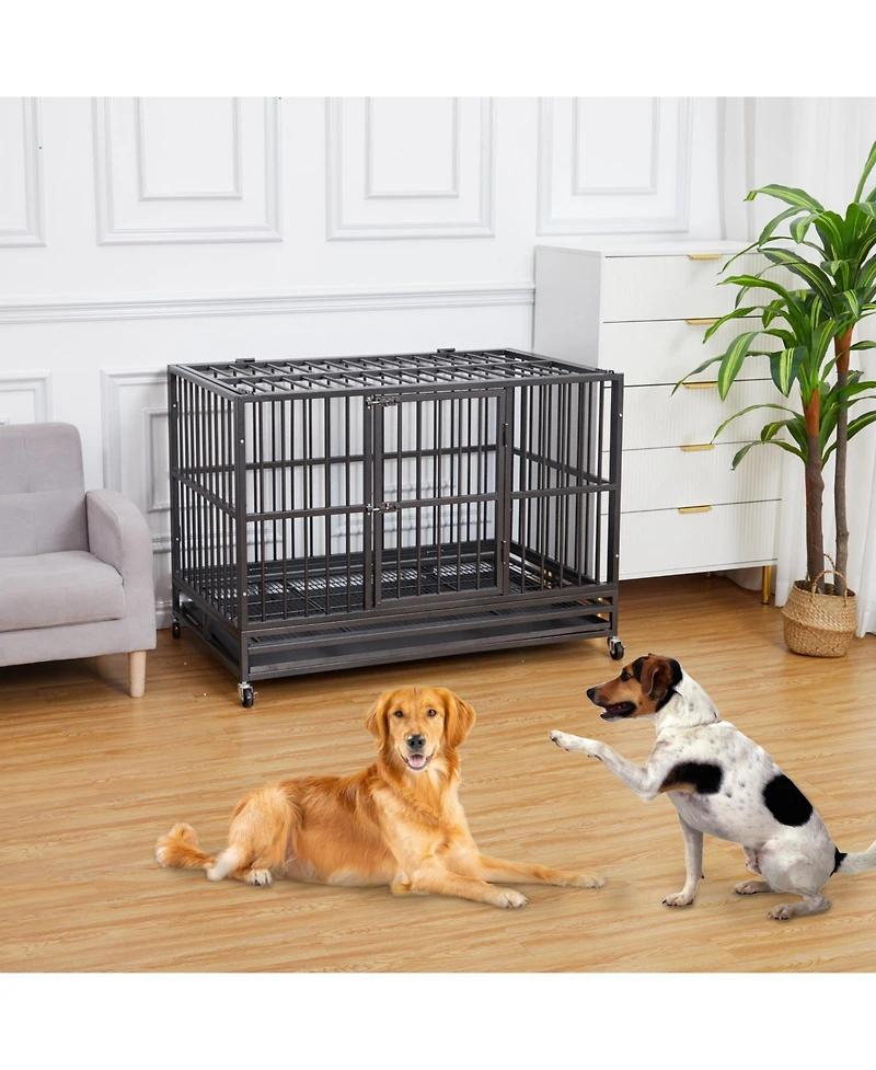 gaomon 47'' Heavy Duty Escape Proof Dog Crate and Kennel Steel Large Dog Cage with Doors, Lockable Wheels, Removable Trays, Waterproof Uv Cover