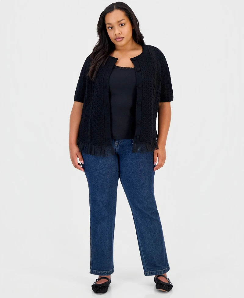 And Now This Trendy Plus Short-Sleeve Pointelle Lace-Hem Cardigan, Macy's Exclusive