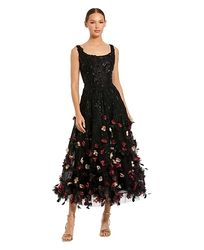 Mac Duggal Petite Black Sleeveless Beaded Midi Dress With 3D Flowers
