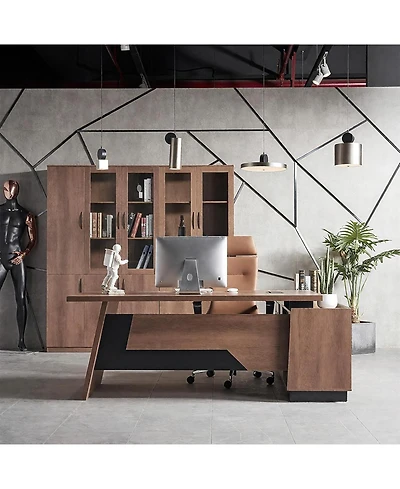 logicfox Adjustable Width 70.8 to 78.74IN L Shape Executive Office Desk with Cabinets