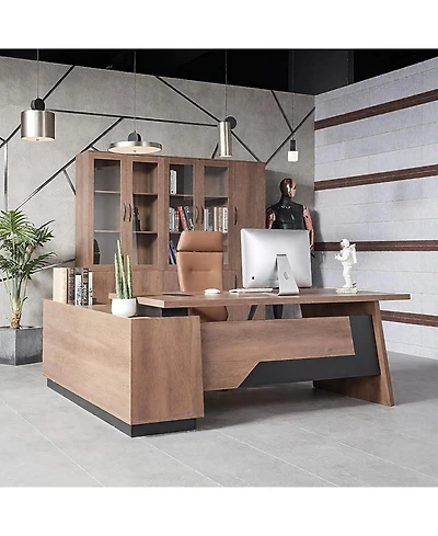 logicfox Adjustable Width 70.8 In to 78.74IN L Shape Executive Office Desk with Cabinets