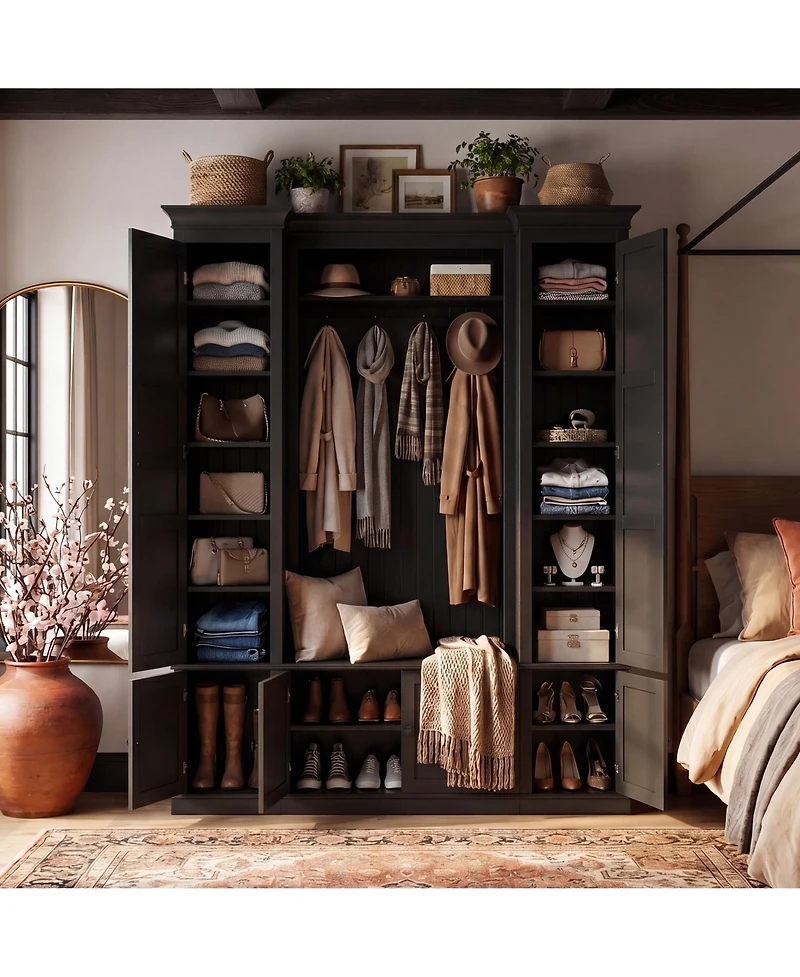 Homsee Farmhouse Entryway Wardrobe Cabinet - Storage Organizer with Wicker Doors | Large Capacity Shoe and Coat Closet for Hallway