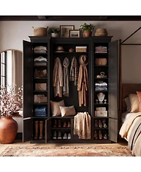 Homsee Farmhouse Entryway Wardrobe Cabinet - Storage Organizer with Wicker Doors | Large Capacity Shoe and Coat Closet for Hallway
