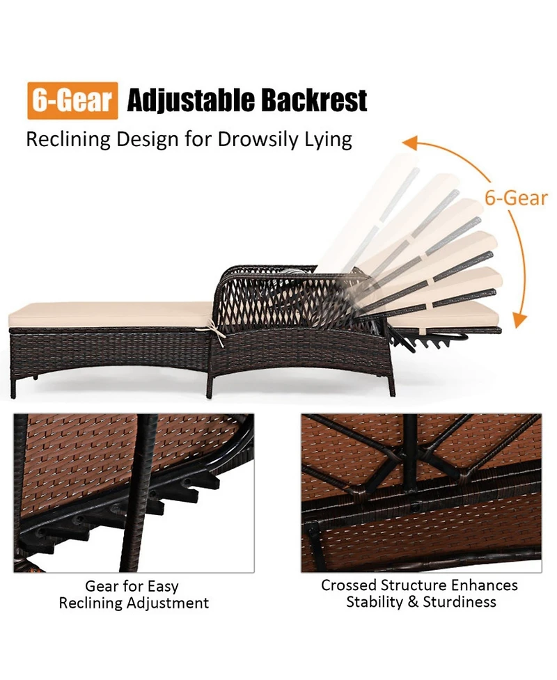 Sugift Pe Wicker Chaise Lounge with 6-Gear Adjustable Backrest and Lumbar Pillow