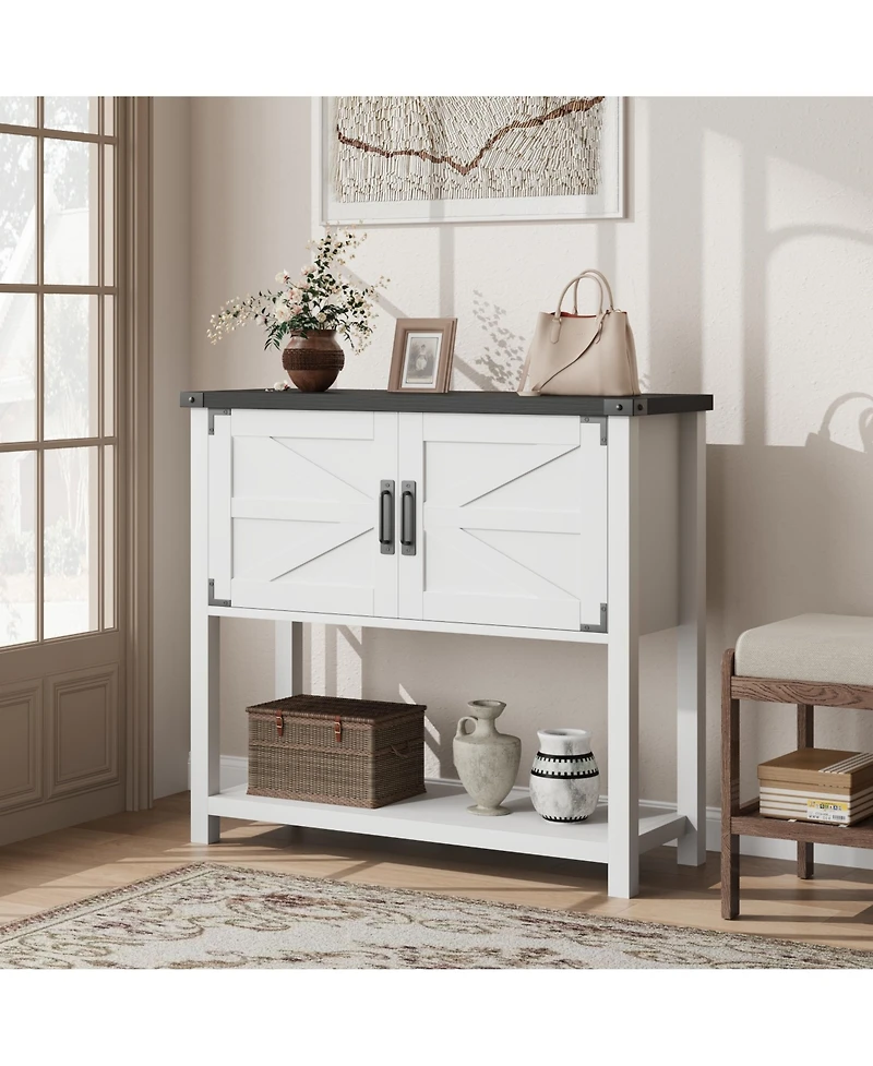 homfan Farmhouse Console Table with 2 Doors, 32" White Coffee Bar Cabinet for Entryway Kitchen