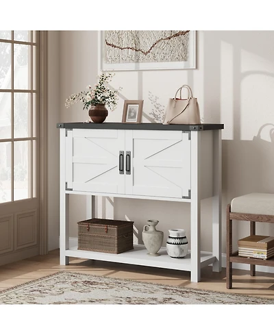 homfan Farmhouse Console Table with 2 Doors, 32" White Coffee Bar Cabinet for Entryway Kitchen
