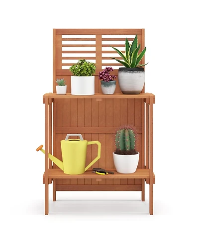 Sugift Folding Garden Potting Bench with 2 Tier Storage Shelves and Teak Oil Finish