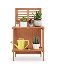 Sugift Folding Garden Potting Bench with 2 Tier Storage Shelves and Teak Oil Finish