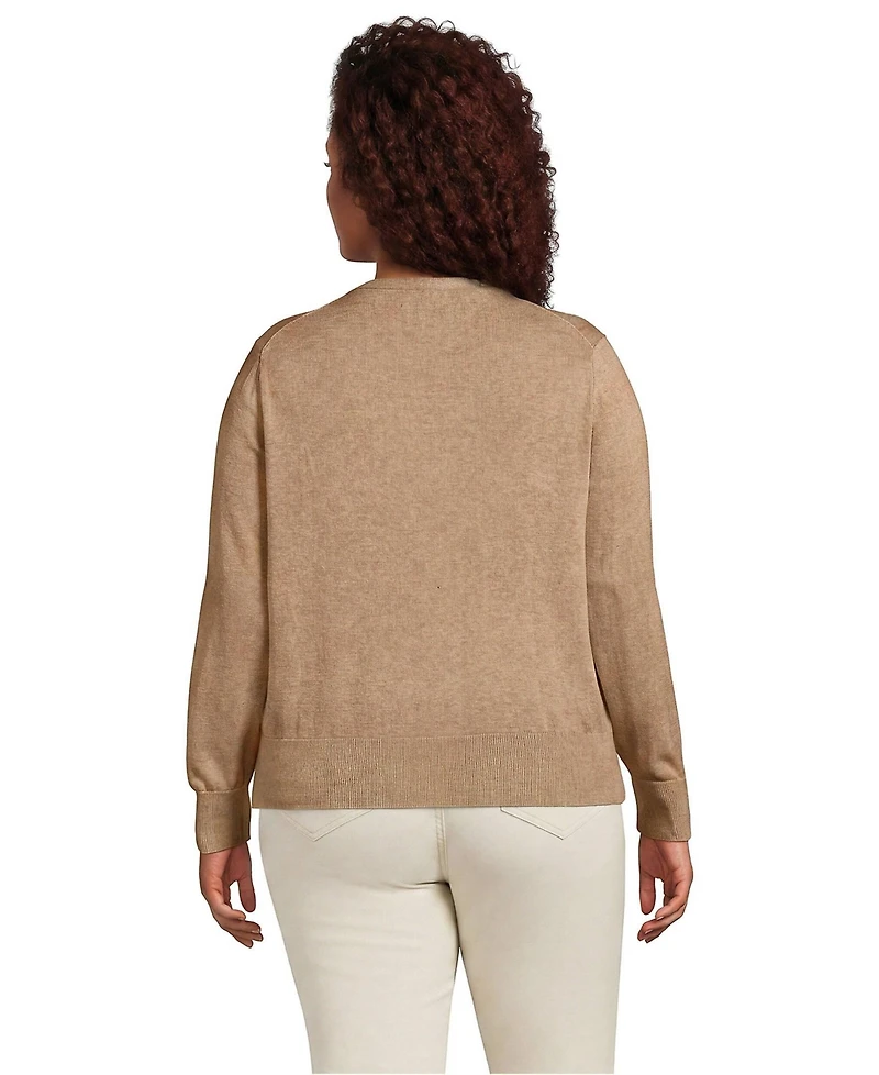 Lands' End Plus Fine Gauge Cotton Crew Cardigan Sweater