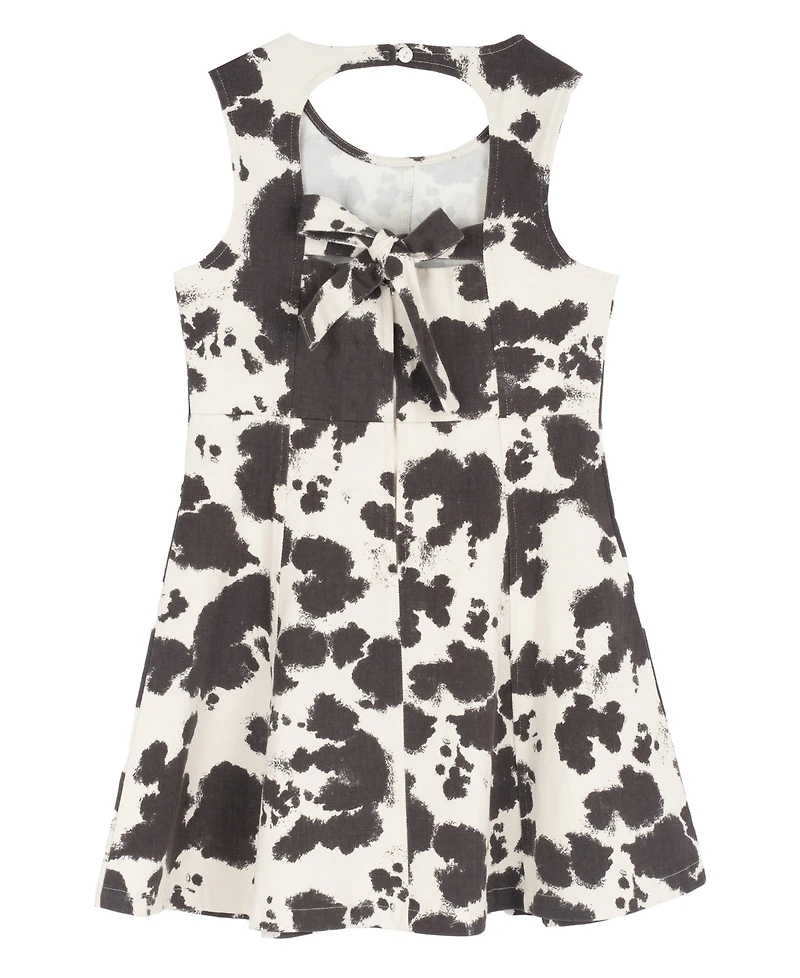 Rare Editions Girls' 7-16 Cow Print Twill Paneled A-Line Dress with Necklace