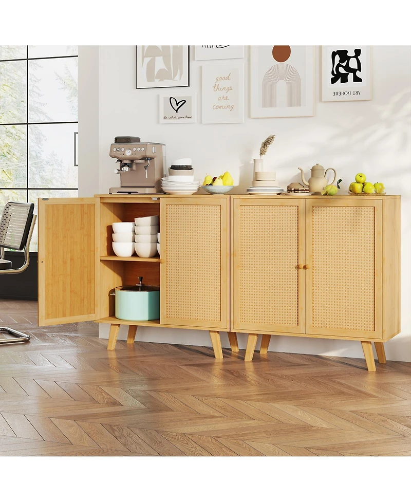 Gouun Bamboo Buffet Storage Cabinet with Pe Rattan Doors, 31.5 x 13.5 x 33.5