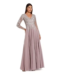 Mac Duggal Women's Embellished Illusion V Neck Long Sleeve Gown