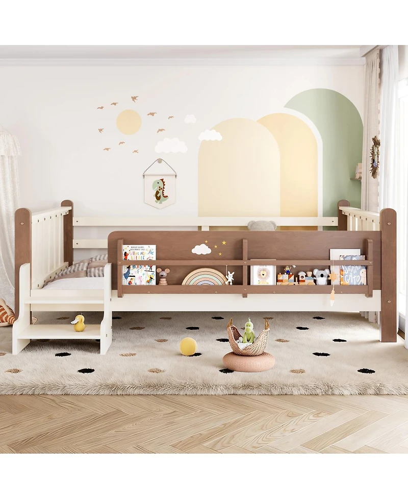 Streamdale Furniture Full Size Floor Bed with Storage Bookcases, Stairs, and Guardrails