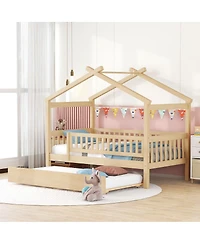 Streamdale Furniture Twin Size Wooden House Bed with Twin Size Trundle