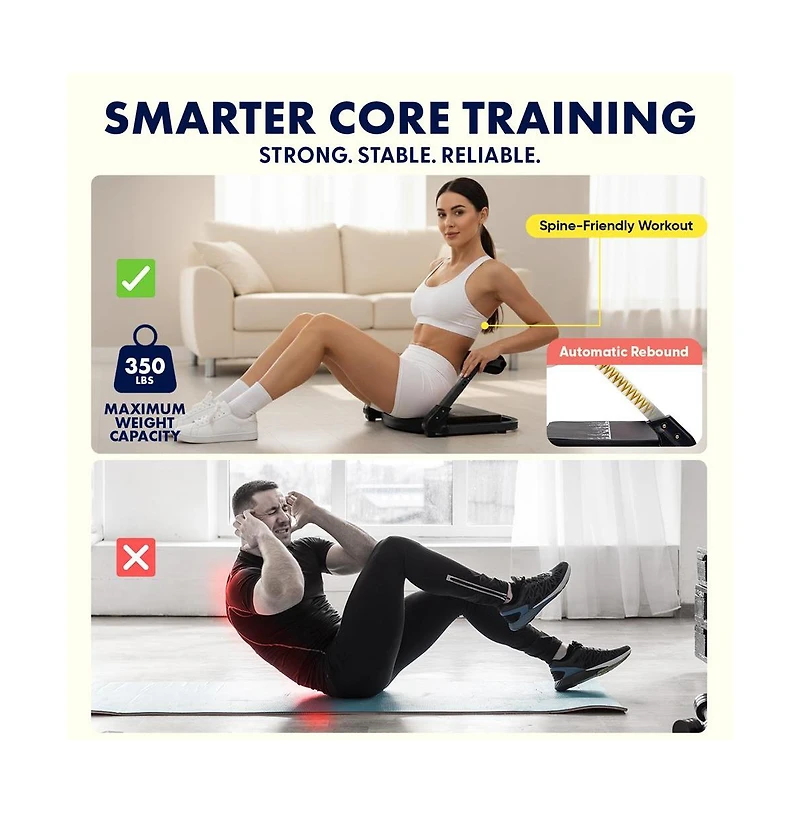 Squatz Ab Machine for Core Workout, Adjustable Sit-Up Trainer with Auto Rebound, 3 Resistance Levels