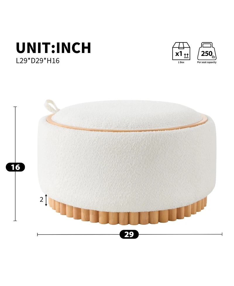 Streamdale Furniture 29" Round Boucle Storage Ottoman with Reversible Lid and Wood Legs