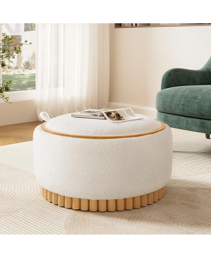 Streamdale Furniture 29" Round Boucle Storage Ottoman with Reversible Lid and Wood Legs