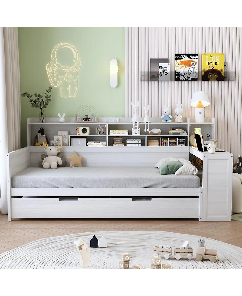 Streamdale Furniture Wooden Twin Daybed with Trundle, Storage Shelves, and Study Desk
