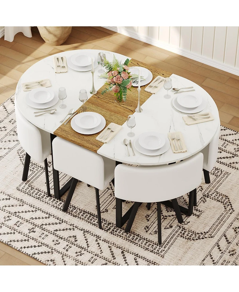 Streamdale Furniture 7 Piece Oval Faux Marble Dining Set with 6 Pu Leather Chairs