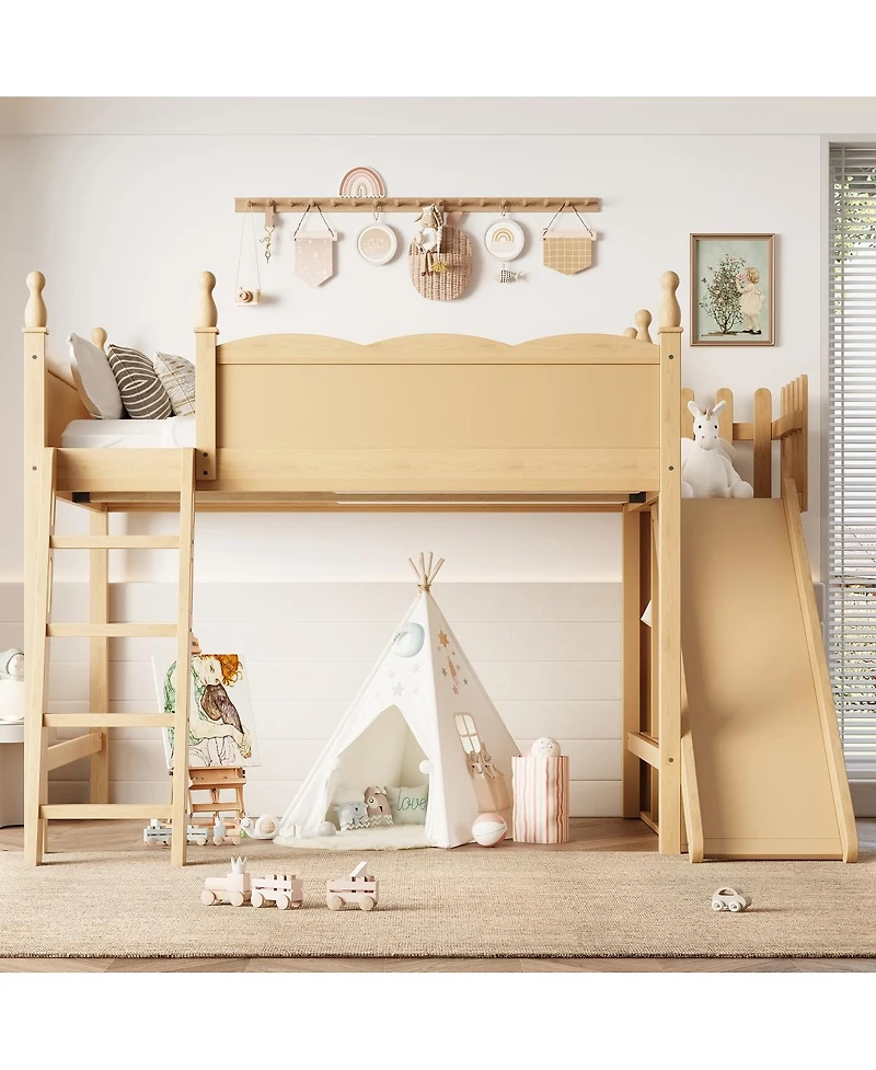 Streamdale Furniture Solid Wood Loft Bed with Storage, Wardrobe, and Slide