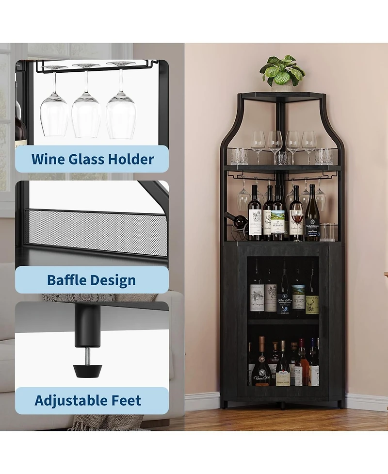 homfan Corner Bar Cabinet, Wine Cabinet with Adjustable Shelf and Glass Holder, 5-Tiers Storage Space Liquor