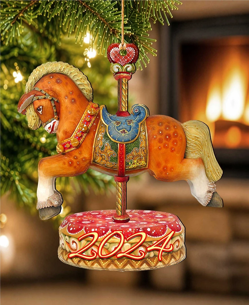 Designocracy Dated Carousel Horse Christmas Wooden Ornaments Holiday Decor Set of 2 G. DeBrekht