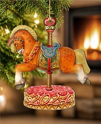 Designocracy Dated Carousel Horse Christmas Wooden Ornaments Holiday Decor Set of 2 G. DeBrekht