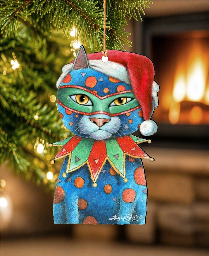 Designocracy Mardi Gras Santa Cat Wooden Ornament by Laura Seeley Pets Decor Set of 2
