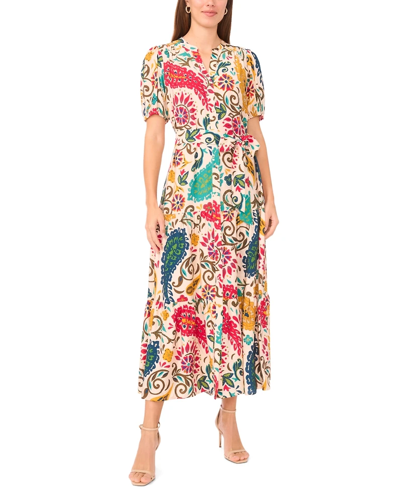 Msk Women's Floral Button-Front Maxi Dress with Self-Tie Belt