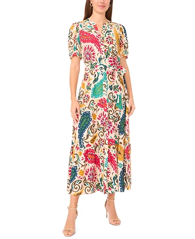 Msk Women's Floral Button-Front Maxi Dress with Self-Tie Belt