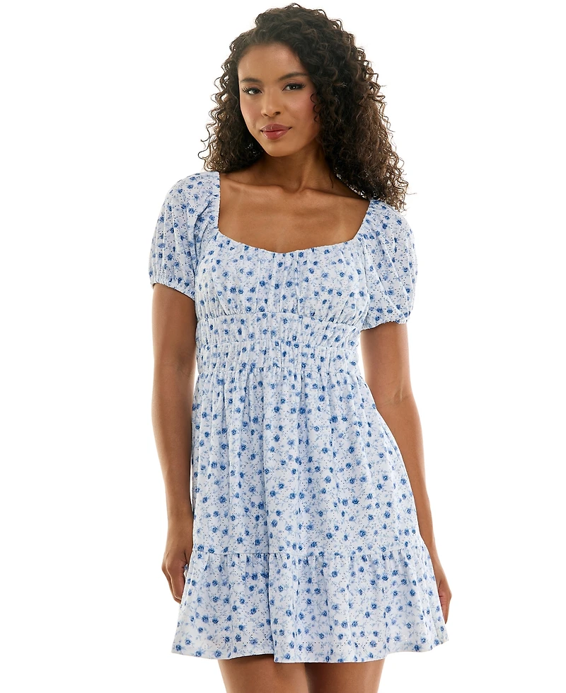 Kingston Grey Juniors' Floral Print Eyelet Puff-Sleeve Mini Dress