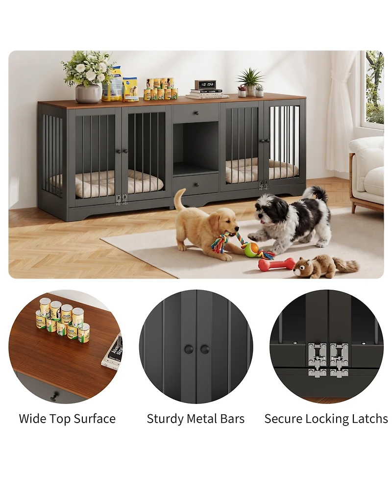 Multi-Functional Dog Crate for Medium Large Dogs 83'' Indoor Wooden Kennel with 4 Doors, 2 Drawers, Secure Locks Decorative Cage Living Room