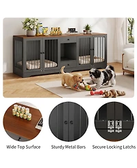 Multi-Functional Dog Crate for Medium Large Dogs 83'' Indoor Wooden Kennel with 4 Doors, 2 Drawers, Secure Locks Decorative Cage Living Room