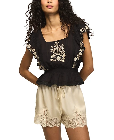 Lucky Brand Women's Contrast Embroidered Square Neck Ruffle Top