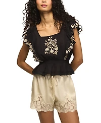 Lucky Brand Women's Contrast Embroidered Square Neck Ruffle Top