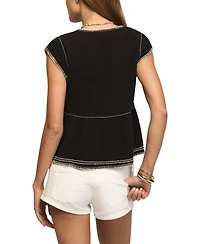 Lucky Brand Women's V-Neck Contrast Embroidered Ruffle Top
