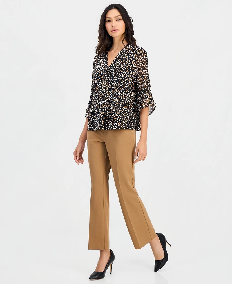 Anne Klein Essentials Petite Printed 3/4-Bell-Sleeve Split-Neck Top