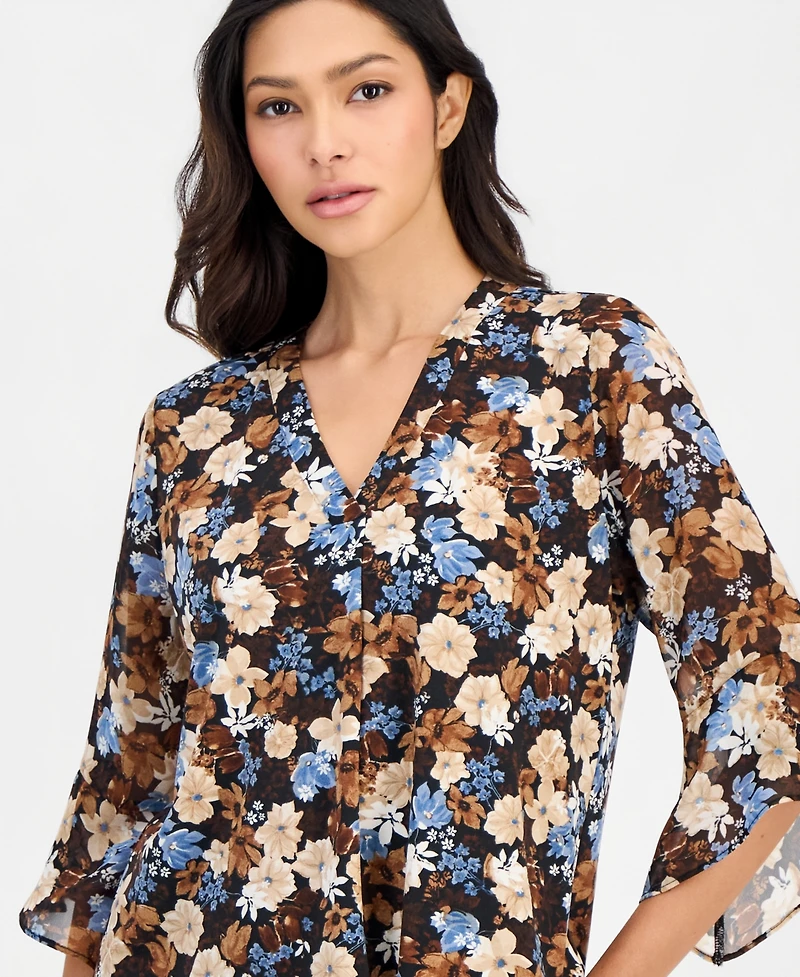 Anne Klein Essentials Petite Floral-Print Split-Neck Bell-Sleeve Top
