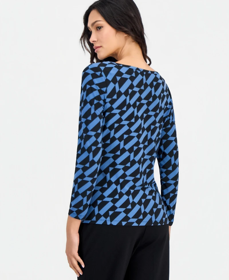 Anne Klein Essentials Petite Geo Printed Front Ruche Boat Neck Work Blouse