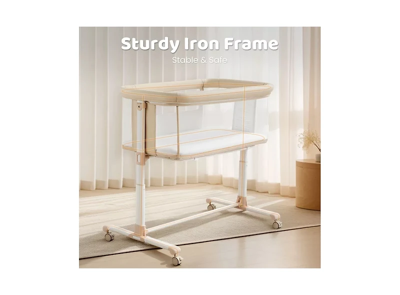 Kinder King Baby Bassinet Bedside Sleeper with Wheels, Adjustable Height and Mesh Sides