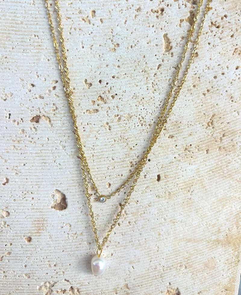Adornia Tarnish Resistant Gold Layered Natural Freshwater Imitation Pearl Layered Necklace Set