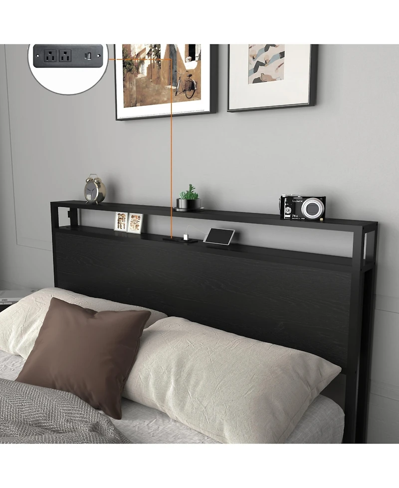 Lucky One Full Bed Frame, Storage Headboard with Charging Station, Solid and Stable, Noise Free
